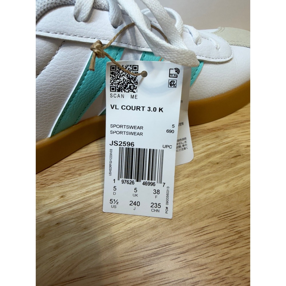 Adidas VL Court 3.0 K Kids Sneakers White Mint Green Gum JS2596 Size 5.5Y NEW - Picture 6 of 7